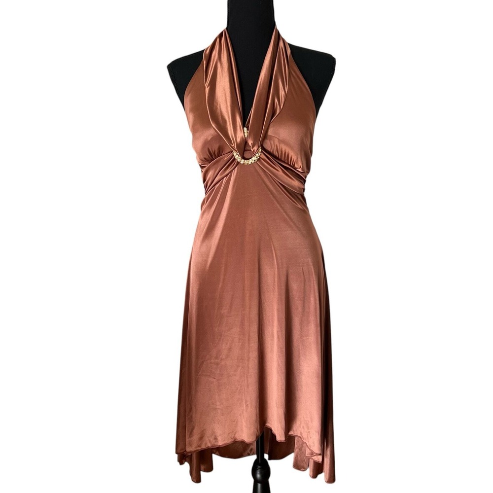 My Michelle Vintage Bronze Satin Halter Dress High Low Handkerchief Hem Size‎ M